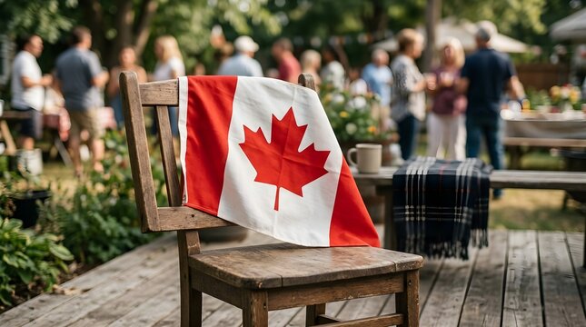 canada flag draped over a wooden chair at outdoor backyard party 