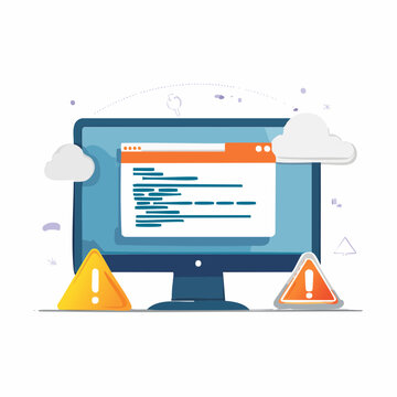 Computer screen displaying code with warning signs and clouds
