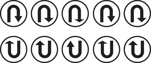 Traffic sign set u turn and no u turn symbols in circular black and white icons © HALIMA