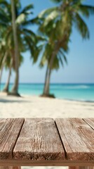 Fototapeta premium Empty Wooden Table on Blurred Tropical Beach Background With a serene ocean backdrop