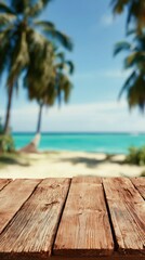 Fototapeta premium Empty Wooden Table on Blurred Tropical Beach Background In a bright summer scene