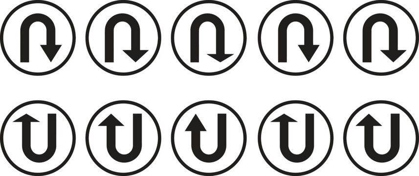 Traffic sign set u turn and no u turn symbols in circular black and white icons