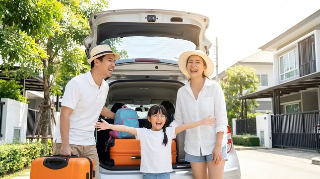 Happy family loading car for summer vacation road trip