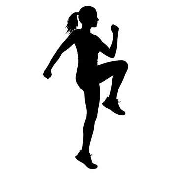 Woman silhouette performing high knees exercise is isolated on a solid white background.