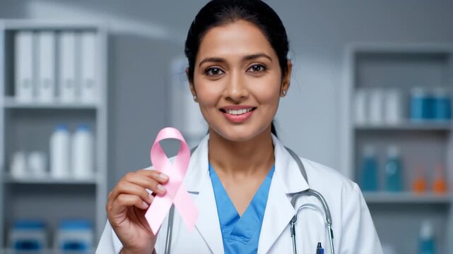 A young adult Indian woman in a lab coat holds a pink breast cancer awareness ribbon