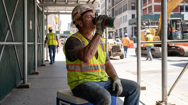 Construction worker taking a hydration break from hard labor, drinking water on a hot summer day at urban building site