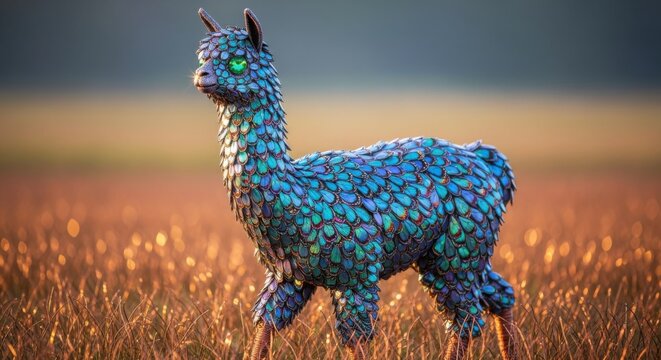 Glowing llama, iridescent scales, green eyes, standing, field, surreal