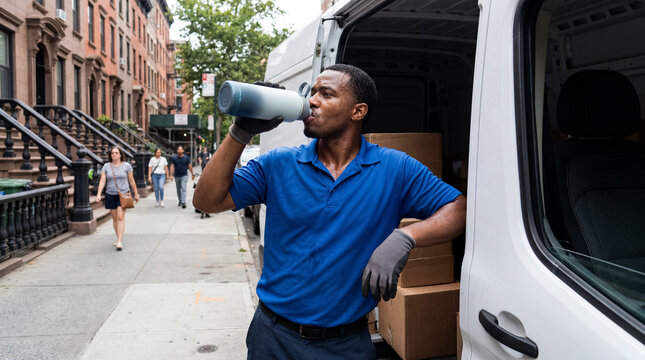 Delivery driver drinking water to rehydrate, sweating from working in a heatwave, leaning on his delivery van on a city street