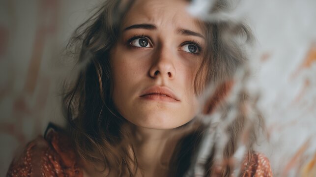 Close-up of a young woman indoors showing anxious expression, furrowed brow, wide eye, and tense lip conveying worry and vulnerability.