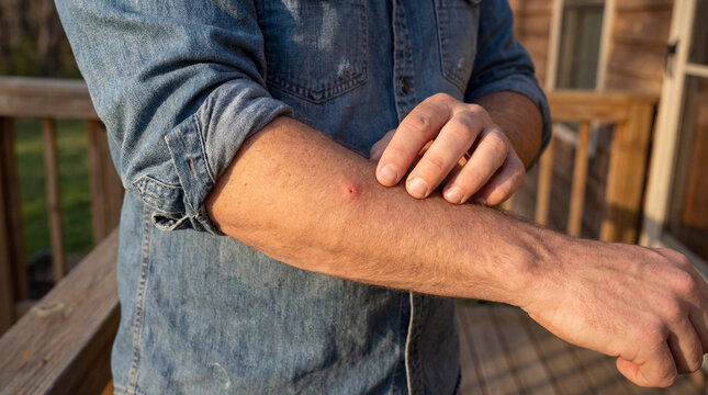 Man looking at skin reaction on arm after insect bite, experiencing discomfort and possible allergy while outdoors