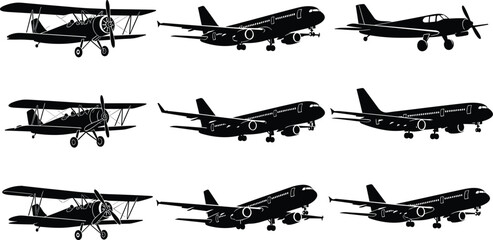 Airplane silhouette collection, black vector illustration of biplanes, jet airliners, and propeller aircraft designs © MD AMINUR