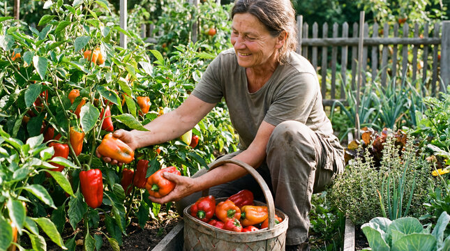 Woman harvesting organic bell peppers from home garden, collecting fresh vegetables into a basket, enjoying gardening process