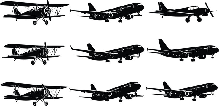 Airplane silhouette collection, black vector illustration of biplanes, jet airliners, and propeller aircraft designs