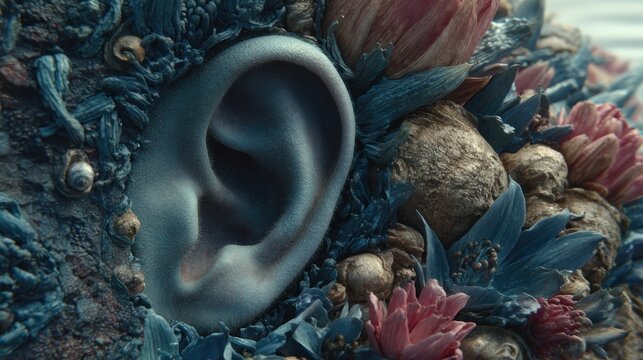 Realistic human auditory organ surrounded by detailed organic and mineral textures
