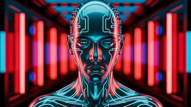 Futuristic humanoid artificial intelligence face with glowing digital interface and cyber technology background
