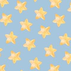 Obraz premium Tropical starfruit slices seamless pattern illustration with yellow fruit on a light blue backdrop for wallpaper