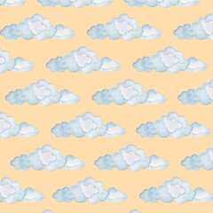 Fototapeta premium Watercolor Blue Clouds Seamless Pattern on Pastel Peach Background for Nursery and Textile Design