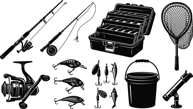 Collection of fishing gear silhouettes featuring rods tackle box reel lures and landing net isolated on white background