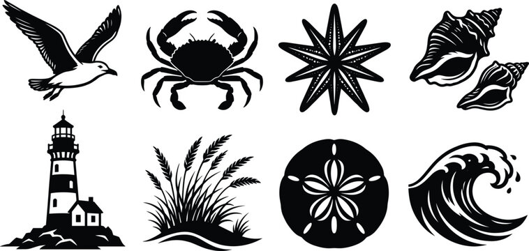 Collection of nautical and coastal icons featuring lighthouse crab seagull starfish seashells and ocean wave silhouettes