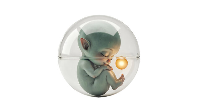 A futuristic alien fetus encapsulated within a transparent sphere, glowing with an internal light.