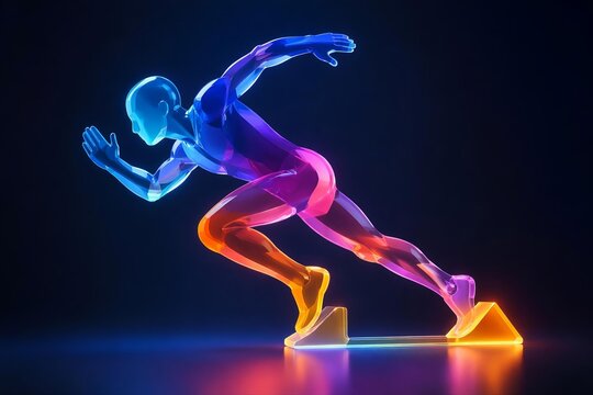 Futuristic neon athlete in dynamic running pose on dark background