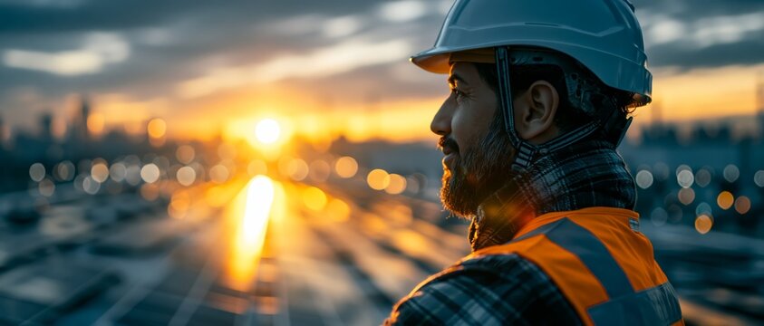  Group of industrial workers and engineers wearing safety gear at a work site, illuminated by glowing lights, showcasing teamwork, professionalism, engineering expertise and workplace safety.