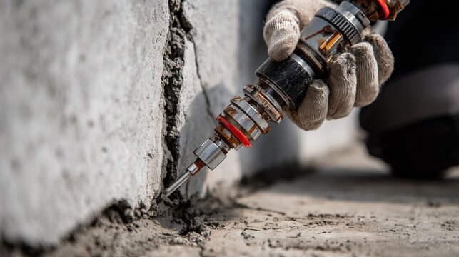 Worker injecting epoxy into a concrete crack for foundation repair using injection gun and glove near damaged wall.