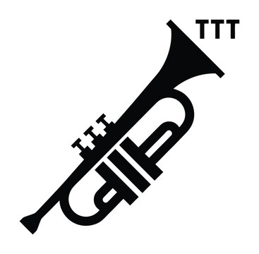 A minimalist black and white of a trumpet musical instrument with the letters ttt positioned above it