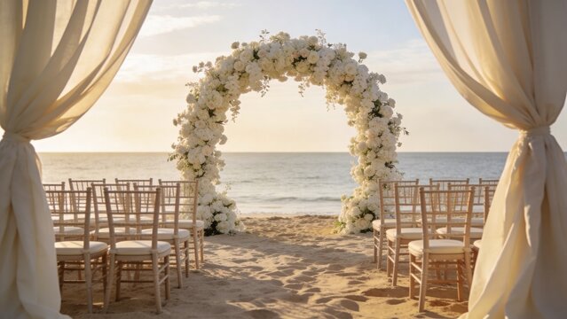 Floral beach wedding arch with draped fabric and aisle seating for outdoor ceremonies and elopements