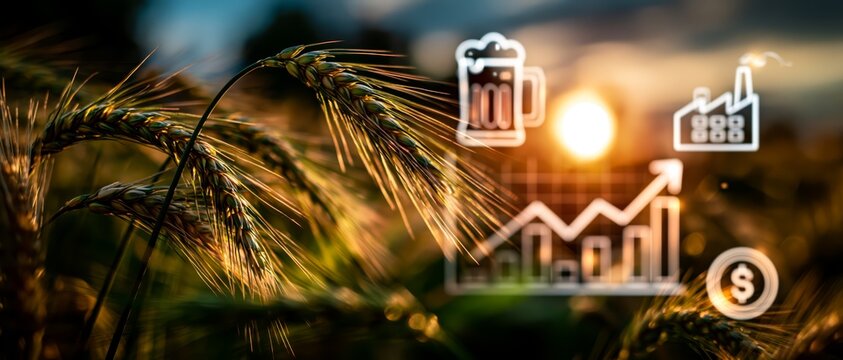 barley field with golden ears moving in wind with beer icon and high rise price graph icon, beer price up cos of environment crisis concept 