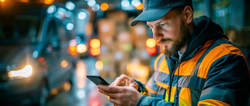 Cargo van driver scanning parcels before departure in an urban loading area, preparing delivery route  efficient logistics and last mile transportation concept. 
