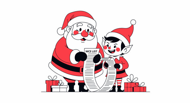 Santa Claus and a cheerful elf checking the long nice list for Christmas presents with gift boxes around them, in a festive cartoon style.