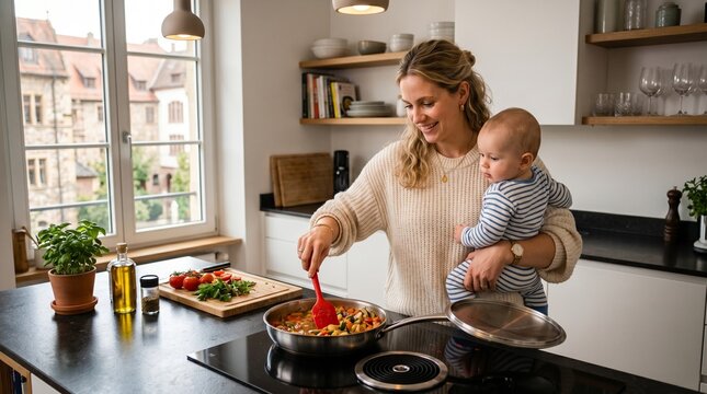 Commercial medium-shot lifestyle photography of a multitasking mother cooking while holding her infant baby &ndash; premium home appliances advertisement, modern motherhood concept, and family-oriented kitc