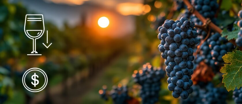 Close-up of purple grapes in a vineyard at sunset with wine country scenery. Wine glass icon, downward arrow, and dollar coin symbolize declining wine prices, reduced demand, and market challenges.