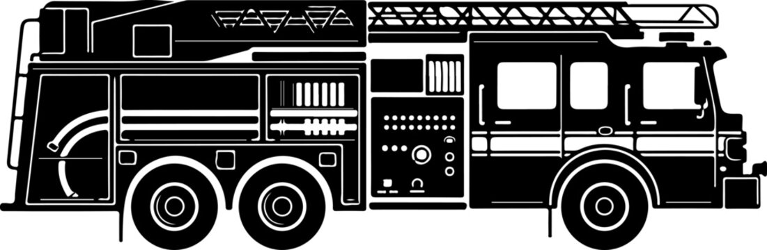 Fire truck, emergency vehicle, rescue illustration, black and white vector