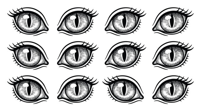 A pattern of hand-drawn cat eyes with vertical pupils and long eyelashes on a white background