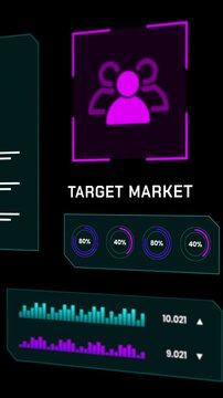 High tech portrait chart panel in 9:16 format visualizing audience reach statistics, user counts, and customer behavior stats.