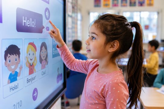 Young girl interacting with a digital touchscreen display in a classroom, engaging with language learning content featuring cartoon characters and greetings in multiple languages
