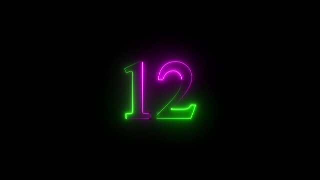 Abstract glowing Neon 12 number educational mathematics text icon animation on black background. a dynamic motion and glowing neon number countdown icon animation.