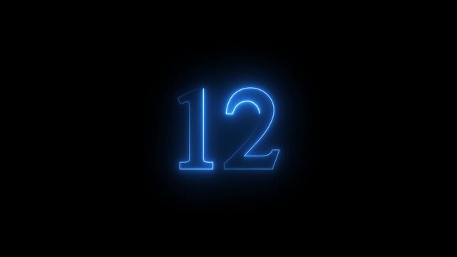 Abstract glowing Neon 12 number educational mathematics text icon animation on black background. a dynamic motion and glowing neon number countdown icon animation.
