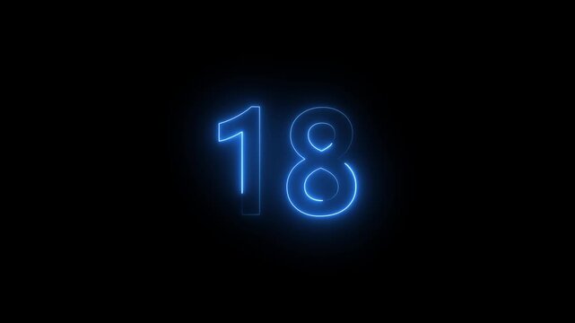 Glowing color looping trendy glowing neon numeric number 18.Glowing neon number 18.Educational mathematics 18 animation.