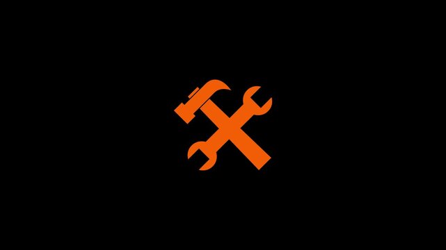 Yellow color line setting icon with spinning gears icon animated. Technology setting icon concept. black background.