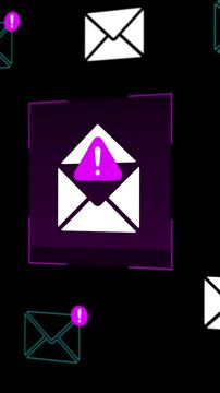 High tech portrait notification interface displaying encrypted email delivery tracking and network message transfers in 9:16.