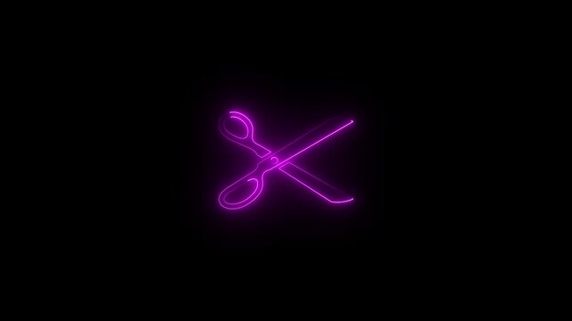 Neon scissors icon . Neon glowing scissor icon animation in black background.