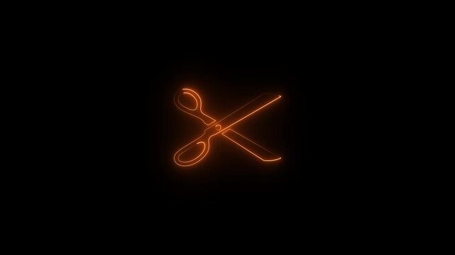 Neon scissors icon . Neon glowing scissor icon animation in black background.