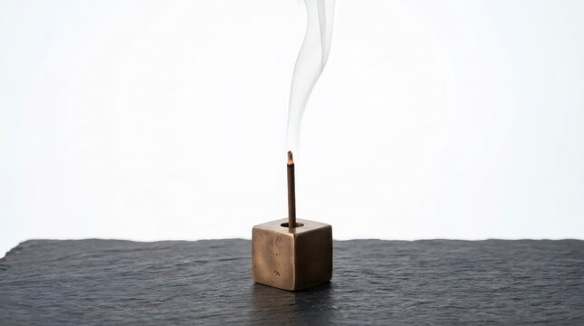 Burning incense stick in metal cube holder on stone surface. Aromatherapy and meditation session. Concept of zen relax and tranquility. Spiritual atmosphere for yoga and wellness.