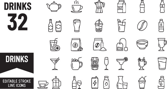 Editable stroke line icons of various drinks