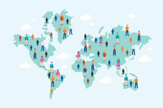 World Population Density Map with Colorful People Figures Standing on Continents for Global Demographic Statistics Flat Vector Illustration
