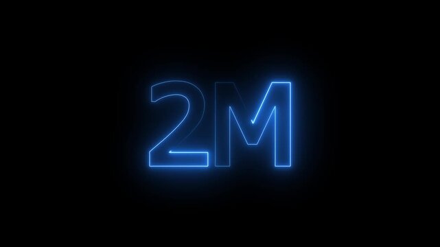 Glowing neon light 2M followers or subscribers celebration text animation on black background, Number 2M Neon Futuristic Effect, Trendy Glow Lighting, 2M animation neon text effect motion video