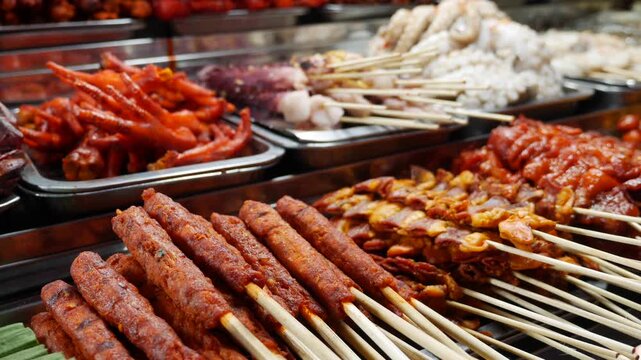 Rows of uncooked meat skewers placed across a market display surface prepared for grilling forming a structured street cuisine display. Food culture.